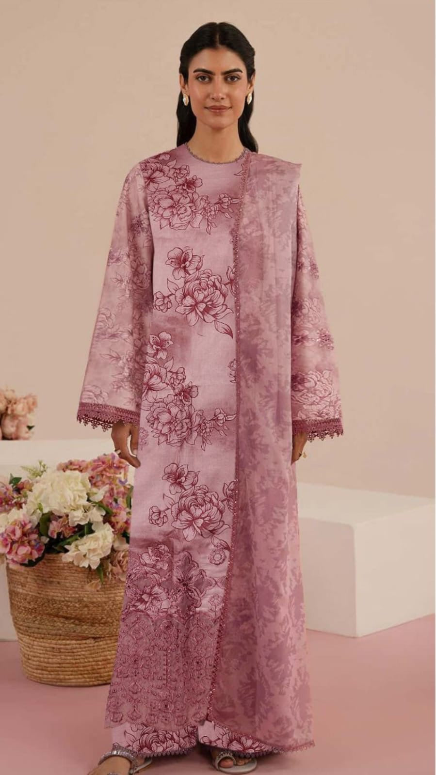BAROQUE LUXE DAMAN APLIC WORK PRINTED-EMBROIDERED UNSTICHED LINEN 3PC (SL-522)